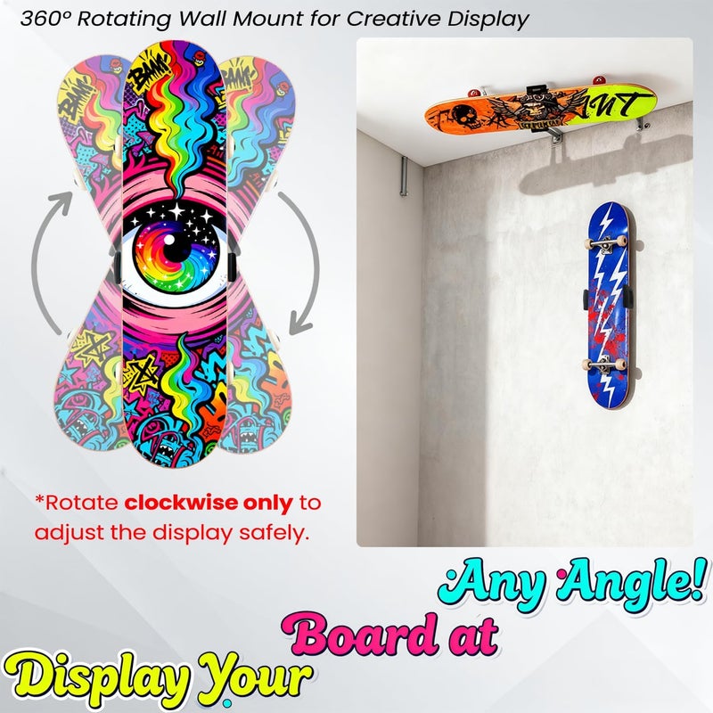OOHGLITZ Skateboard Deck Wall Mount - Universal Skateboard Decor Accessory 360° Rotating Wall Hanger with Extending Clips for Floating Display, POM Plastic Longboard Rack & Storage Hardware Kit - Image 5